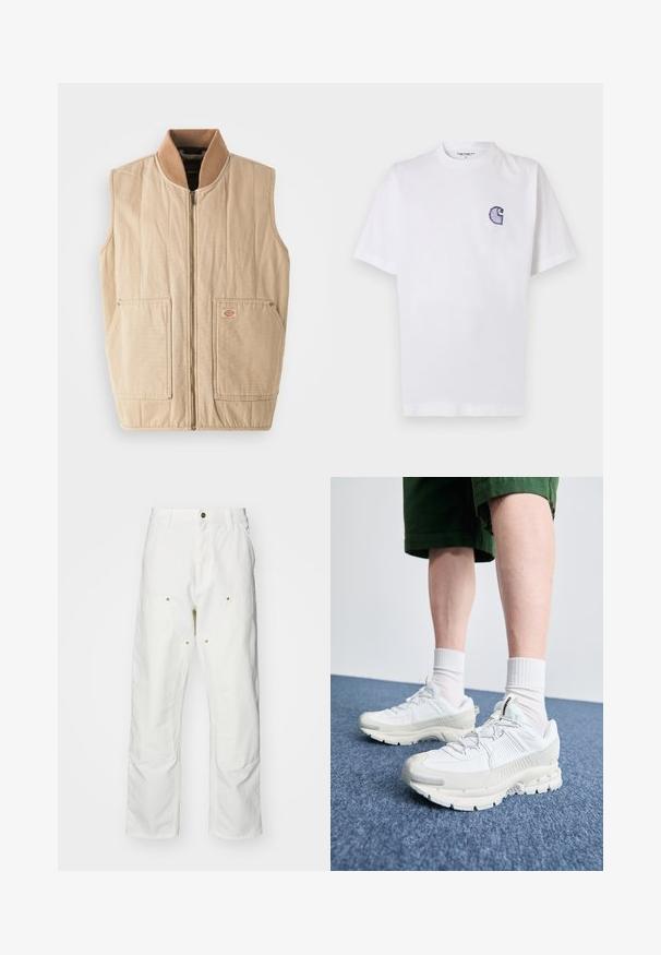 Šviesiai rudas liemenė su užtrauktuku priekyje, aukštu apykaklė iš rudos flokšinės medžiagos ir dvi didelės priekinės kišenės. Yra siuvinėto rašto tekstūra ir maža logotipo etikete.; Baltas medvilninis marškinėlis trumpomis rankovėmis, apvalia iškirpte ir mažu siuvinėtu mėlynu „C“ logotipu kairėje krūtinės pusėje.; Balti medvilniniai kargo džinsai su laisvu siluetu. Ypatybės apima priekines kišenes, auksinius apdailos elementus ir sustiprintas kelio dalis.; Baltos sportinės bateliai su tekstūruotais uždengimais, masyviu padu ir pilkais akcentais. Dėvimi su baltais trumpais kojiniais ir žaliais šortais mėlyname paviršiuje.