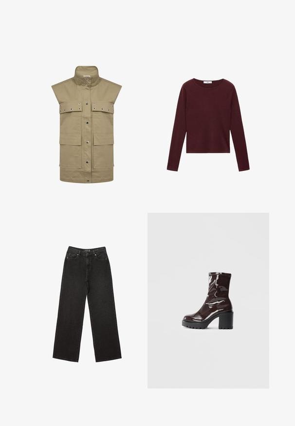 Khaki bezrukávový svetr vyrobený z odolné látky, s velkými předními kapsami, patentním zapínáním a kovovými oky.; Burgundské tričko s dlouhým rukávem vyrobené z měkké látky, s kulatým výstřihem a rovnýmslí. Má minimální švy a hladkou texturu.; Černé široké džíny vyrobené z denimu, s malými tečkovanými vzory, klasickým pětikapsovým designem a zapínáním na knoflík a zip.; Lesklá bordó kotníková bota s masivním černým podpatkem, se hladkým povrchem a jednoduchým designem. Žádné viditelné zapínání ani vzory.