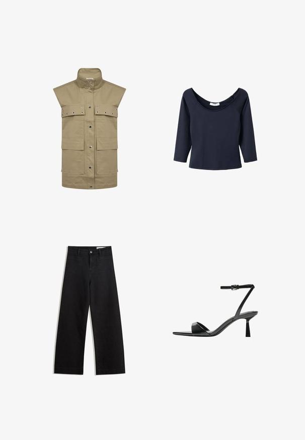 Gilet senza maniche color khaki realizzato in tessuto resistente, dotato di ampie tasche frontali, chiusura a bottoni a pressione e dettagli in occhielli metallici.; Top blu navy a maniche 3/4 con scollatura ampia a girocollo, realizzato in tessuto morbido. Presenta maniche raglan e orlo dritto.; Pantaloni in denim neri a gamba larga con vita alta, dotati di tasche anteriori e posteriori, cuciture a punto, e chiusura con bottone. Texture liscia.; Bershka Sandali con tacco - black