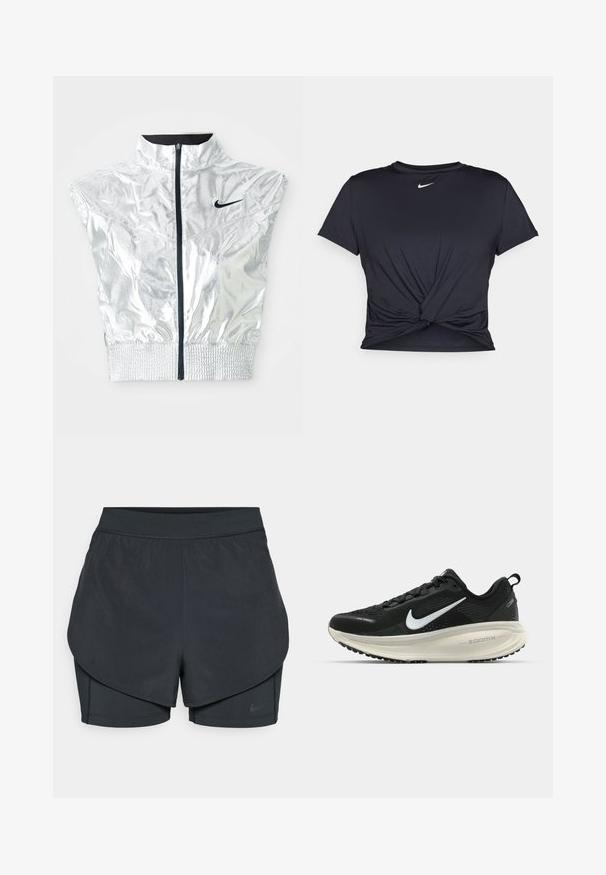 Silbernes, kurzes Weste mit hohem Kragen, Reißverschluss vorne, elastischem Saum und schwarzem Nike-Logo auf der Brust. Glänzende, glatte Textur mit ärmellosem Design.; Schwarzes Sport-T-Shirt aus glattem Stoff, mit einem geknoteten Vorderdesign und einem kleinen weißen Nike-Logo auf der Brust.; Schwarze sportliche Shorts mit einem geschichteten Design, das eine glatte äußere Schicht und eng anliegende innere Shorts umfasst. Hergestellt aus leichtem, dehnbarem Material.; Schwarzer Nike-Laufschuh mit atmungsaktivem Mesh-Obermaterial, weißem Swoosh-Logo, strukturierten Details und einer cremefarbenen ZoomX-Zwischensohle.