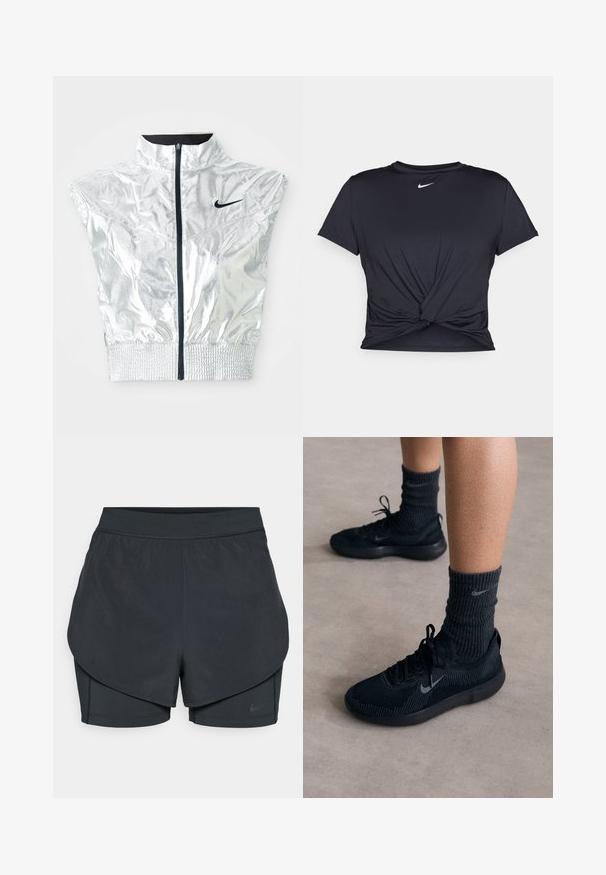 Srebrna kratka jakna z visokim ovratnikom, zadrgo spredaj, elastičnim robom in črnim Nike logotipom na prsih. Sijajen, gladek material brez rokavov.; Črna atletska majica iz gladkega materiala, z vozlanim sprednjim delom in majhnim belim logotipom Nike na prsih.; Črne atletske kratke hlače z večplastnim dizajnom, ki vključuje gladko zunanjo plast in prilegnjene notranje kratke hlače. Narejene so iz lahkega, elastičnega materiala.; Črne Nike teniske z strukturiranim pletenim zgornjim delom, s sivim swoosh logotipom, v kombinaciji s temnimi rebrastimi nogavicami. Udoben gumijast podplat.