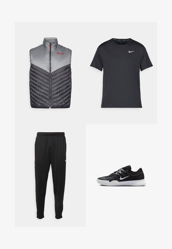 Sleeveless puffer vest with front zipper, light gray upper section, dark gray quilted lower section, and red "ATLETI" logo with Nike swoosh.; Black Nike running T-shirt made of lightweight, breathable material, featuring short sleeves and a small white logo on the chest.; Black athletic pants made of smooth fabric, featuring an elastic waistband, tapered legs, and a small white logo on the left side.; Black athletic shoe with a textured upper, white Nike swoosh, and a white rubber outsole. Features a lace-up design and dynamic shape.