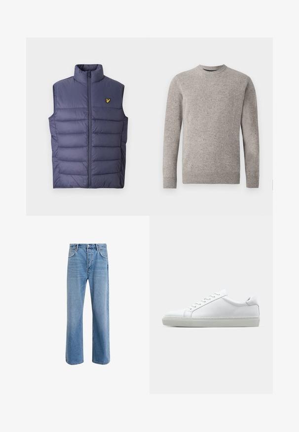 Navy padded vest with a high collar and front zipper. Features horizontal stitching and a small embroidered yellow logo on the chest.; Light gray knitted sweater with a crew neckline, long sleeves, and ribbed cuffs and hem. Textured pattern with flecks of color.; Light blue denim jeans with a straight-leg design, five pockets, button closure, minimal fading, and contrasting stitching details.; White sneaker with a smooth leather upper and a low profile. Features a rounded toe, six eyelets, and a textured rubber sole.