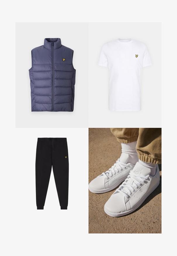 Vestă matlasată bleumarin cu guler înalt și fermoar frontal. Prezintă cusături orizontale și un mic logo galben brodat pe piept.; Tricou alb din bumbac, cu un mic logo brodat negru și galben pe partea stângă a pieptului. Mâneci scurte și guler rotund.; Pantaloni jogger negri cu talie elastică și șnur, picioare conice cu manșete și un mic logo brodat galben pe coapsa dreaptă.; Adidași din piele albă cu o suprafață netedă, având un design clasic cu șireturi, perforații pentru ventilație și o talpă exterioară din cauciuc texturat.