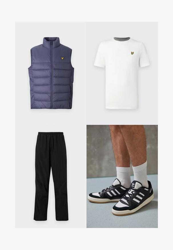 Tumši zils ielocīts vestes ar augstu apkakli un priekšējo rāvējslēdzēju. Ir horizontālas šuves un neliels izšūts dzeltens logotips uz krūtīm.; Balta kokvilnas T-krekls ar apaļu kaklu, īsām piedurknēm un pelēku apkakli; uz krūtīm ir mazs dzeltens izšūts logotips.; Melnas neilona bikses ar elastīgu jostasvietu, ar vieglu, teksturētu apdari un šuvju akcentiem mūsdienīgā dizainā.; Melnas un baltas kedas ar zamša un ādas augšdaļu, kas aprīkotas ar trim baltām svītrām, perforētu purngali un gumijas zolēm.