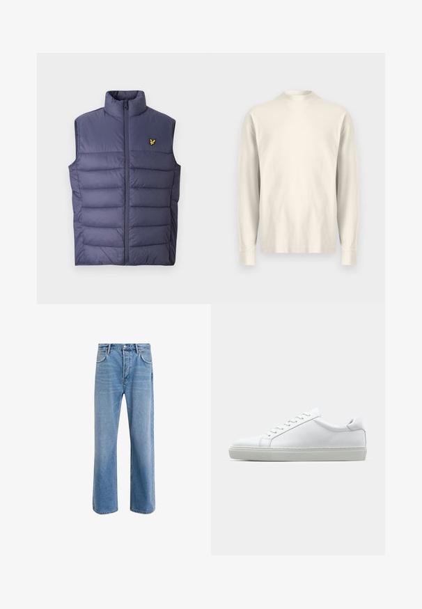 Navy padded vest with a high collar and front zipper. Features horizontal stitching and a small embroidered yellow logo on the chest.; Long-sleeve, mock-neck shirt in light cream cotton. Smooth texture, relaxed fit, minimalist design, no visible patterns or accents.; Light blue denim jeans with a straight-leg design, five pockets, button closure, minimal fading, and contrasting stitching details.; White sneaker with a smooth leather upper and a low profile. Features a rounded toe, six eyelets, and a textured rubber sole.