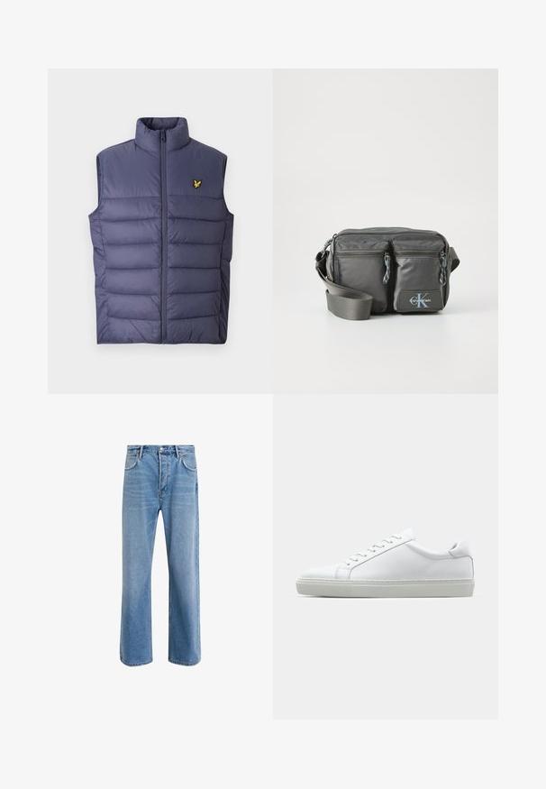 Navy padded vest with a high collar and front zipper. Features horizontal stitching and a small embroidered yellow logo on the chest.; Long-sleeve, mock-neck shirt in light cream cotton. Smooth texture, relaxed fit, minimalist design, no visible patterns or accents.; Light blue denim jeans with a straight-leg design, five pockets, button closure, minimal fading, and contrasting stitching details.; White sneaker with a smooth leather upper and a low profile. Features a rounded toe, six eyelets, and a textured rubber sole.; Gray nylon crossbody bag with two zippered front pockets, adjustable strap, and logo accent. Smooth texture with a modern design.