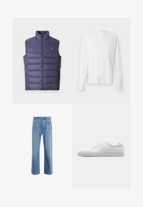 Donkerblauw gewatteerd vest met een hoge kraag en een ritssluiting aan de voorkant. Heeft horizontale stiksels en een klein geborduurd geel logo op de borst.; Witte katoenen blouse met lange mouwen en een ronde halslijn, met zijsplitten aan de onderkant en een gladde textuur, vanuit de achterkant weergegeven.; Lichtblauwe denim jeans met een straight-leg ontwerp, vijf zakken, knoopsluiting, minimale vervaging en contrasterende stikseldetails.; Witte sneaker met een gladlederen bovenwerk en een laag profiel. Voorzien van een ronde neus, zes vetergaatjes en een gestructureerde rubberen zool.