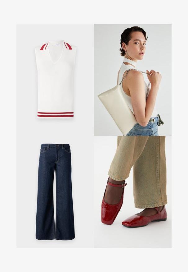 Top de malha branca sem mangas com decote em V, apresentando um colarinho e acabamentos na bainha em riscas vermelha e branca. Textura em côtelé por todo o lado.; Camisa branca de botão feita de algodão suave, com colarinho clássico, mangas longas e bainha curva. Os botões são pequenos e brancos.; Jeans de perna larga em denim azul escuro. Apresenta costura em contraste, cinco bolsos e um fecho de botão na cintura. Textura lisa.; Sapatos de verniz vermelho com bico quadrado, salto baixo e tira no tornozelo, emparelhados com calças largas verde claro. Textura suave, superfície reflexiva.; Bolsa de mão retangular branca, feita de material brilhante, com uma alça em corrente prateada. Modelo posa, exibindo a bolsa contra um fundo simples.
