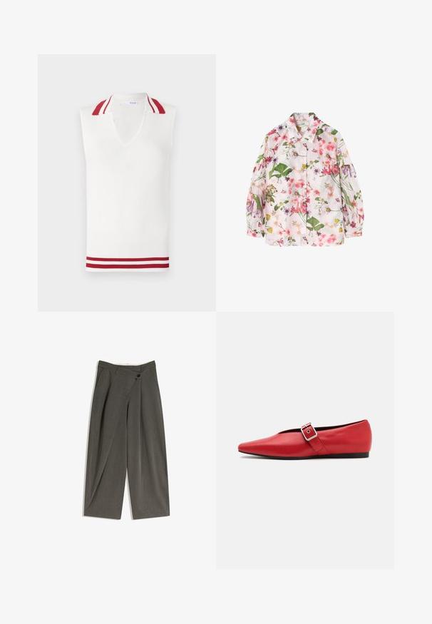Top bianco senza maniche in maglia con scollatura a V, dotato di dettagli a righe rosse e bianche sul colletto e sull'orlo. Tessuto a costine in tutto il capo.; Camicia con motivo floreale su sfondo rosa chiaro, con foglie verdi e vari fiori colorati. Design a bottoni, maniche lunghe.; Pantaloni a gamba larga in un tessuto grigio scuro. Presentano una parte anteriore piatta, tasche laterali e una chiusura con un solo bottone. Tessuto liscio, vestibilità sartoriale.; Scarpa piatta in pelle rossa con punta affusolata, dotata di un cinturino laterale con fibbia in metallo e un tacco basso nero. Texture liscia su tutta la superficie.