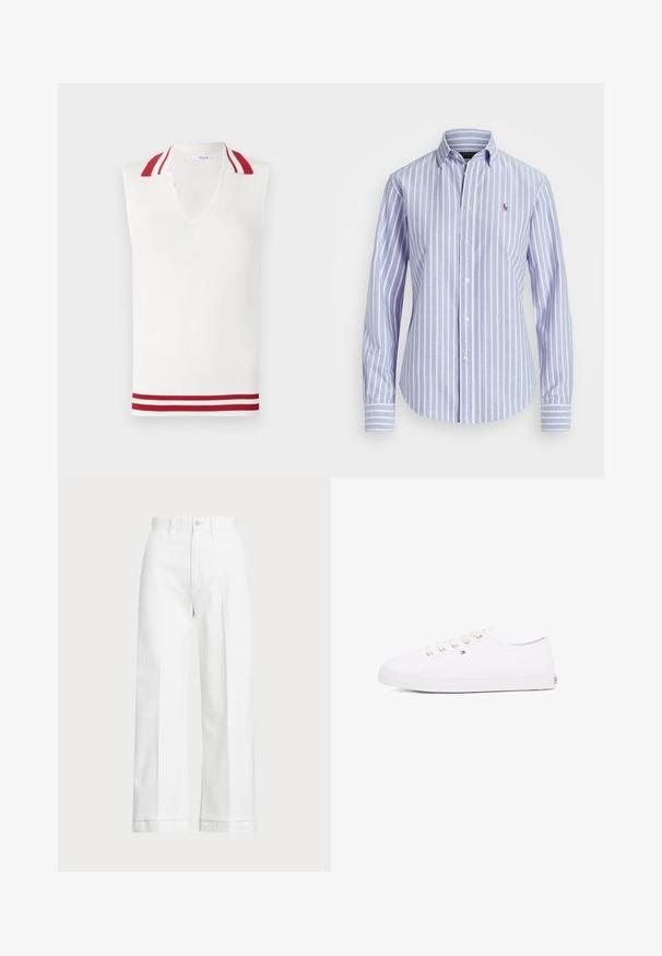 Bezrukávový biely pletený top s výstrihom do V, ktorý má červené a biele pruhy na golieri a leme. Po celom povrchu je jemne ryhovaný.; Modrá a biela pruhovaná košeľa s gombíkmi a golierom, s malým vyšitým logom na hrudi a gombíkovými manžetami. Mäkká textúra látky.; Biele široké nohavice s vysokým pásom, s gombíkovým zapínaním a jemnými švovými detailami. Vyrobené z bavlny s hladkou textúrou.; Biele plátkové tenisky so zlatými očkami, plochými šnúrkami, textúrovanou gumovou podrážkou a minimálnym brandingom na strane. Nízky profil.