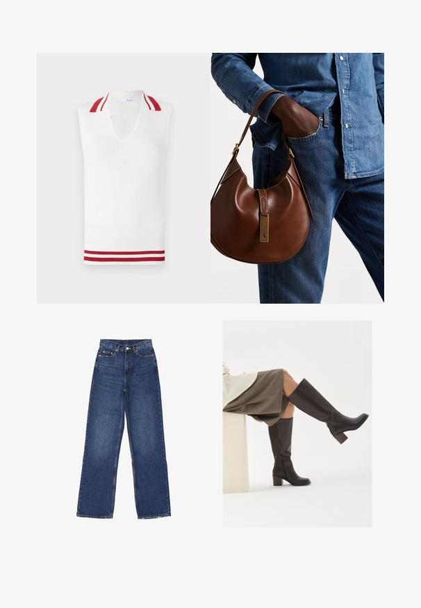 Biały bezrękawnik z dzianiny z dekoltem w kształcie litery V, z czerwono-białymi paskami na kołnierzu i wykończeniach. Całość o prążkowanej fakturze.; Dwie bezrękawnikowe, prążkowane bluzki z golfem w kolorze brązowym i czarnym, prezentowane na jednolitym białym tle.; Szerokie niebieskie dżinsy z wysokim stanem, z zapięciem na guzik, pięcioma kieszeniami i delikatnym przetarciem na materiale.; Brązowe skórzane kozaki do kolan z kwadratowym czubkiem, grubym obcasem i bocznym zamkiem błyskawicznym. Gładka faktura z polerowanym wykończeniem.; Brązowa skórzana torebka hobo w zaokrąglonym kształcie, z akcentami w złotym kolorze i kontrastowym przeszyciem. Połączona z dżinsową koszulą i spodniami dżinsowymi.