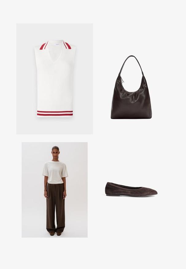 Ärmelloses weißes Stricktop mit V-Ausschnitt, das einen rot-weißen gestreiften Kragen und Saumakzente aufweist. Gesamtstruktur mit gerippter Textur.; Weißes T-Shirt mit kurzen Ärmeln aus Baumwolle. Hat einen Rundhalsausschnitt und eine lockere Passform. Glatte Textur ohne sichtbare Muster oder Akzente.; Cremig weiße lockere T-Shirt mit kurzen Ärmeln, kombiniert mit hochtaillierten, weit geschnittenen braunen Hosen. Einfaches Design, glatte Texturen.; Braune Wildleder-Ballerinas mit spitzem Absatz und niedrigem Profil. Verfügt über eine glatte Textur und ein minimalistisches Design. Keine sichtbaren Beschläge oder Akzente.; Braune Leder-Schultertasche mit einem weichen, lässigen Design. Die Tasche verfügt über einen breiten Riemen und eine minimalistische Form, die durch eine subtile Textur ergänzt wird.