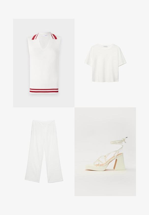 Majica bez rukava u bijeloj boji s V-izrezom, s crveno-bijelim prugastim detaljima na ovratniku i rubu. Cijela površina je rebrasta.; Bijela majica kratkih rukava od pamuka. Ima okrugli izrez i opušteni kroj. Glatka tekstura bez vidljivih uzoraka ili naglasaka.; Široke hlače od bijele tkanine, s glatkom teksturom, prednjim džepovima i klasičnim pojasom s petljama za remen.; Bijela sandala na visokoj potpetici s debelim petom, s remenom i vezanjem oko gležnja. Glatka tekstura s platformom sprijeda za dodatnu visinu.
