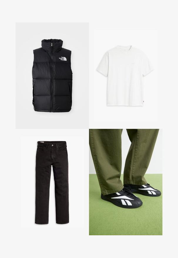 Gilet imbottito nero con colletto alto, zip frontale e logo The North Face. Presenta una texture trapuntata e tasche laterali.; T-shirt bianca in cotone con maniche corte, colletto tondo e logo Levi's discreto stampato al centro. Texture morbida e vestibilità standard.; Jeans in denim neri a gamba dritta con cinque tasche, chiusura a bottone e passanti per cintura, adagiati su uno sfondo bianco.; Scarpe da ginnastica nere con accenti bianchi, dotate di tomaia texture e punta arrotondata, abbinate a pantaloni verde oliva.