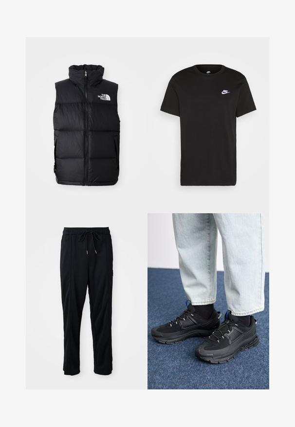 Svart pufferväst med hög krage, framdragkedja och The North Face-logotyp. Har en quiltad textur och sidofickor.; Svart bomullströja med korta ärmar, rund hals och en liten vit Nike-logotyp på övre vänstra bröstet. Slät textur. Klassisk passform.; Svarta byxor med dragsko i midjan, avslappnad stil, med sidfickor och rak benklippning på en plain bakgrund.; Svarta sportskor med texturerat tyg och gummisulor, med elastiska snörningar och en blå detalj på hälen. Bärs med ljusa jeans.