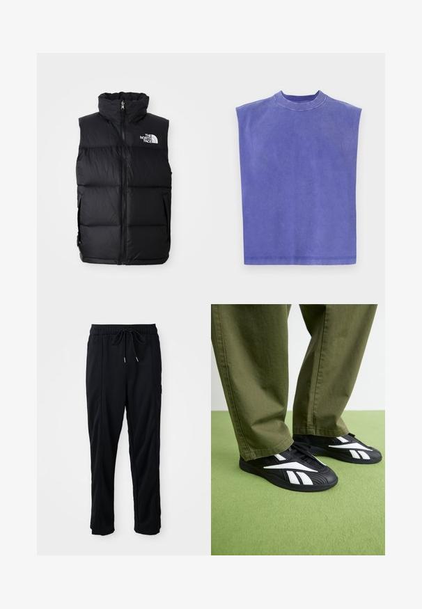 Vestă puffer neagră cu guler înalt, fermoar frontal și logo-ul The North Face. Prezintă o textură matlasată și buzunare laterale.; Top fără mâneci de culoare mov, fabricat din bumbac moale. Prezintă un gât rotund și o croială lejeră, cu o textură ușor decolorată și tiv curat.; Pantaloni casual negri cu șnur la talie, cu buzunare laterale și croială dreaptă, pe un fundal simplu.; Pantofi sport negri cu accente albe, având un exterior texturat și un vârf rotund, asociați cu pantaloni verzi măslinii.
