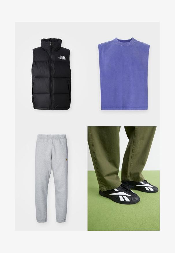 Fekete puffermellény magas gallérral, elülső cipzárral és The North Face logóval. Átmeneti steppelt textúrával és oldalsó zsebekkel rendelkezik.; Lila ujjatlan felső, puha pamutból készült. Kerek nyakú és laza szabású, enyhén kopott textúrával és tiszta hemzsével rendelkezik.; Szürke melegítőnadrág, puha anyagból készült, rugalmas derékrésszel, szűkített bokákkal és egy kis logóval az oldalon.; Fekete sportcipő fehér részletekkel, amelynek textúrázott a felső része és kerek orra van, olíva zöld nadrággal párosítva.