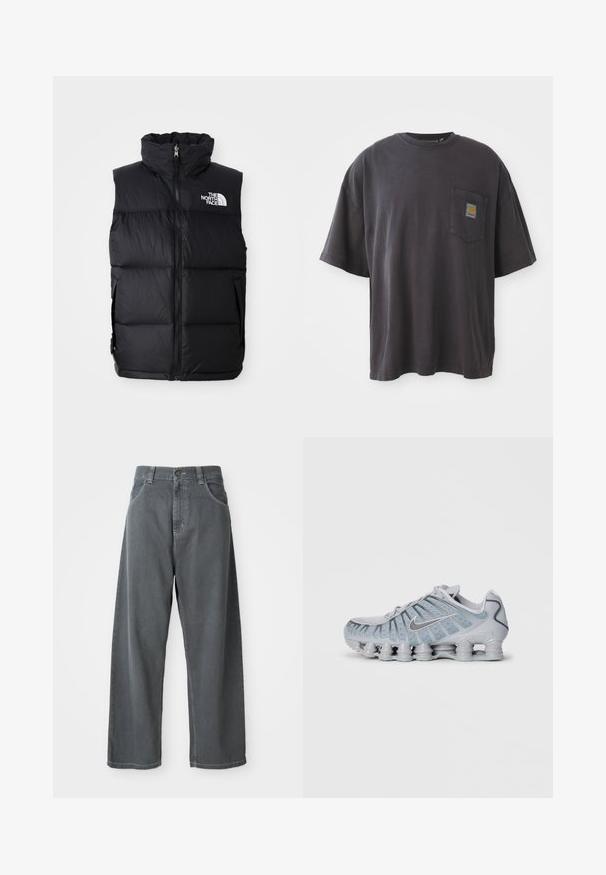 Melna pūkainā veste ar augstu apkakli, priekšējo rāvējslēdzēju un The North Face logotipu. Iespējas ar pikotētu tekstūru un sānu kabatām.; Melna kokvilnas t-krekls ar īsām piedurknēm, apaļu kakla izgriezumu un kreisajā krūšu daļā esošu kabatu ar kvadrātveida logo uzlīmi. Vienkāršs un bez rotājumiem dizains.; Pelēki džinsa platā kāja bikses ar augsto vidukli, ar priekšējām kabatām, jostas cilpām un pogu aizdari jostas vietā.; Gaiši pelēki Nike snekeri ar teksturētu virsotni, sieta detaļām un unikālu mīkstinātu zoli, kas aprīkota ar vairākiem noapaļotiem podiem.