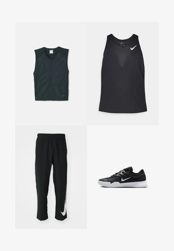 Zwart mouwloos sportvest met een rits aan de voorkant, textuur op de schouders en reflecterende accenten, gemaakt van lichte, ademende stof.; Zwarte sport tanktop met een geperforeerde textuur en ronde halslijn. Heeft een wit Nike-logo op de borst.; Zwarte sportbroeken met elastische tailleband, taps toelopend ontwerp, met een groot wit Nike-logo op het linkerbeen. Zachte, lichte stof.; Zwarte sportieve schoen met een gestructureerde bovenkant, witte Nike swoosh en een witte rubberen zool. Beschikt over een veterontwerp en een dynamische vorm.