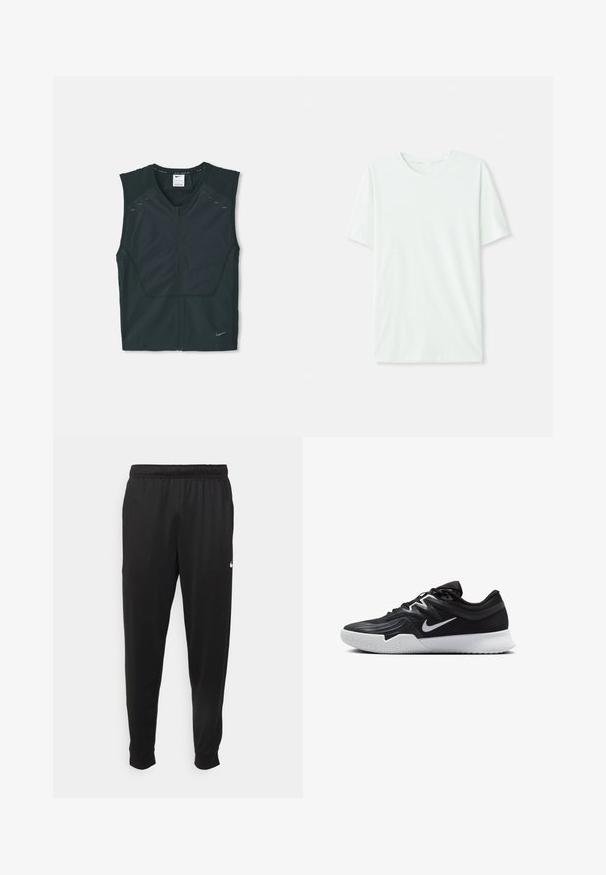 Black sleeveless athletic vest with a front zipper, textured shoulders, and reflective accents, made from lightweight, breathable fabric.; Light mint green short-sleeve t-shirt made of soft fabric. Features a crew neckline and a simple, straight cut without embellishments.; Black athletic pants made of smooth fabric, featuring an elastic waistband, tapered legs, and a small white logo on the left side.; Black athletic shoe with a textured upper, white Nike swoosh, and a white rubber outsole. Features a lace-up design and dynamic shape.