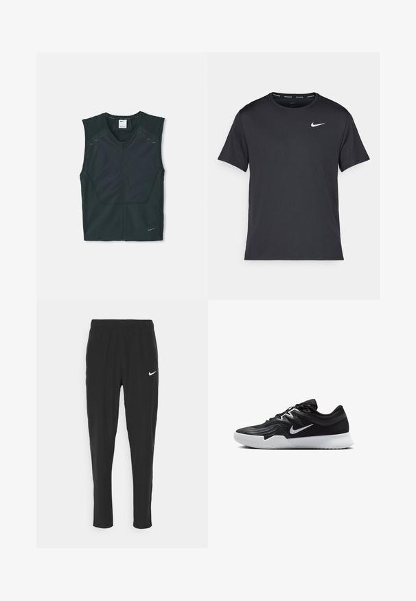 Gilet atletico nero senza maniche con zip frontale, spalle testurizzate e dettagli riflettenti, realizzato in tessuto leggero e traspirante.; Maglietta da corsa Nike nera realizzata in materiale leggero e traspirante, con maniche corte e un piccolo logo bianco sul petto.; Pantaloni sportivi neri realizzati in tessuto leggero, con vita elasticizzata e logo Nike bianco sulla coscia sinistra.; Scarpa sportiva nera con tomaia testurizzata, logo Nike swoosh bianco e suola in gomma bianca. Presenta un design con lacci e una forma dinamica.