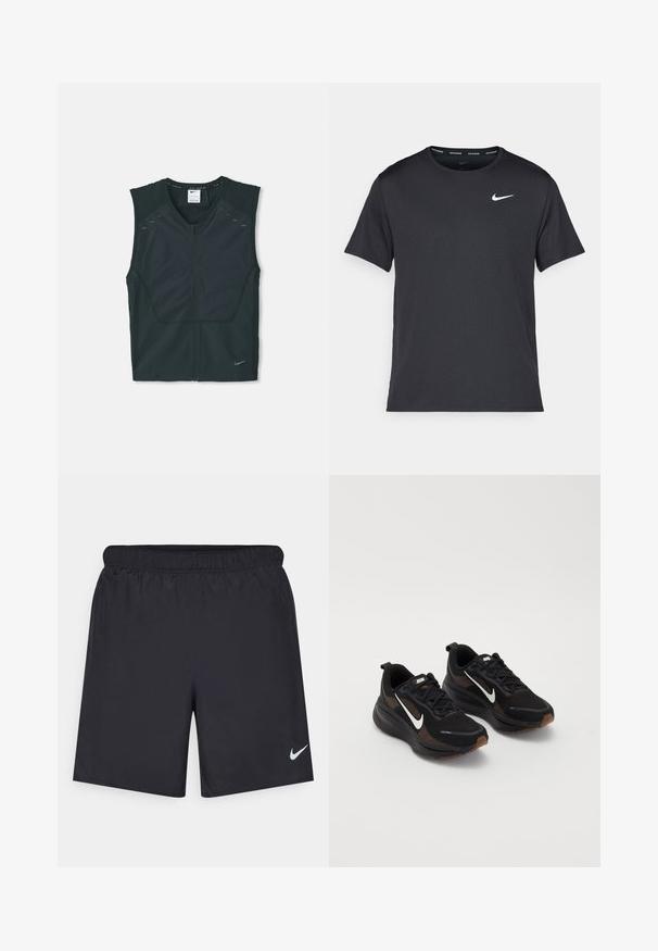 Fekete ujjatlan sportmellény elülső cipzárral, textúrált válltömésekkel és fényvisszaverő részletekkel, könnyű, lélegző anyagból készült.; Fekete Nike futó póló, könnyű, légáteresztő anyagból készült, rövid ujjú, és a mellkasán egy kicsi fehér logó található.; Fekete sportnadrág könnyű anyagból, rugalmas derékkal. A bal alsó oldalon egy kis fehér Nike-logó található.; Fekete sportcipők légáteresztő hálós felsőrésszel, fehér Nike logóval, texturált talppal és kontrasztos barna díszítésekkel. Erősített sarokkal rendelkezik.