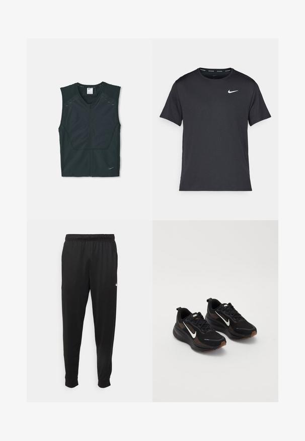 Sort ærmeløs atletisk vest med lynlås foran, strukturerede skuldre og refleksdetaljer, lavet af letvægts og åndbart stof.; Sort Nike løbe T-shirt lavet af let, åndbart materiale, med korte ærmer og et lille hvidt logo på brystet.; Sorte atletiske bukser lavet af glat stof, med elastisk talje, smalnende ben og et lille hvidt logo på venstre side.; Sorte sportsko med en åndbar mesh-overdel, hvid Nike swoosh, tekstureret sål og kontrasterende brune accenter. Inkluderer forstærket hæl.