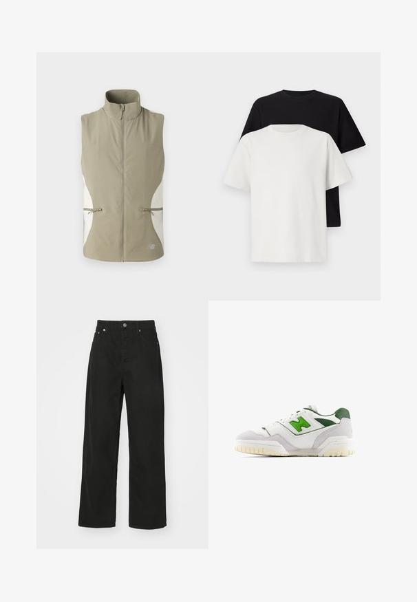 Gilet leggero senza maniche in khaki con colletto alto, zip frontale e pannelli laterali bianchi. Include due tasche con zip.; Set di t-shirt in cotone composto da una maglietta nera e una bianca, entrambe con maniche corte, scollatura rotonda e vestibilità standard. Tessuto testurizzato.; Pantaloni in denim nero con design a gamba dritta, dotati di cinque tasche, chiusura con bottone e vita classica. Tessuto morbido.; Sneaker bianca con accenti verdi, realizzata in pelle e suede. Presenta una tomaia testurizzata, colletto imbottito e una suola in gomma con battistrada visibile.