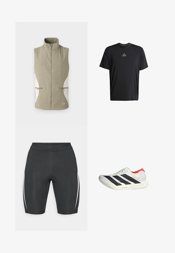 Chaleco ligero sin mangas en caqui con un collar alto, cremallera frontal y paneles laterales blancos. Incluye dos bolsillos con cremallera.; Camiseta atlética de manga corta negra hecha de tejido ligero, con cuello redondo y logo gris de Adidas en el pecho.; Pantalones cortos deportivos negros con rayas laterales blancas, hechos de una tela elástica, que cuentan con una cinta alta en la cintura y un diseño ajustado para mayor comodidad.; Zapatilla deportiva blanca con rayas diagonales negras, acentos rojos en el talón y una parte superior texturizada; cuenta con amortiguación LIGHTSTRIKE PRO.