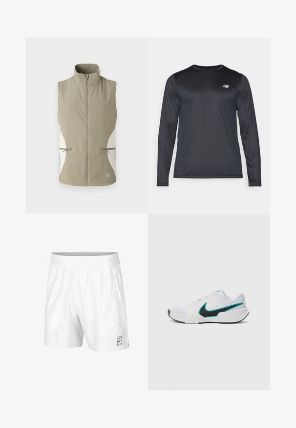Ľahká, bezrukávová vesta khaki farby s vysokým golierom, predným zipsom a bielymi bočnými panelmi. Obsahuje dve vrecká na zips.; Dlhý rukáv športová košeľa v čiernej farbe, vyrobená z hladkej, ľahkej tkaniny s jemnou textúrou. Obsahuje malé logo na hornej ľavej časti hrudníka.; Biele športové šortky z ľahkej tkaniny s elastickým pásom, obsahujúce dve bočné vrecká a malé čierne logo na leme.; Biele športové tenisky s textúrovaným sieťovaným zvrškom, čiernou gumovou podrážkou a akcentom teal loga Nike. Obsahujú šnúrky a vypolstrovaný golier.