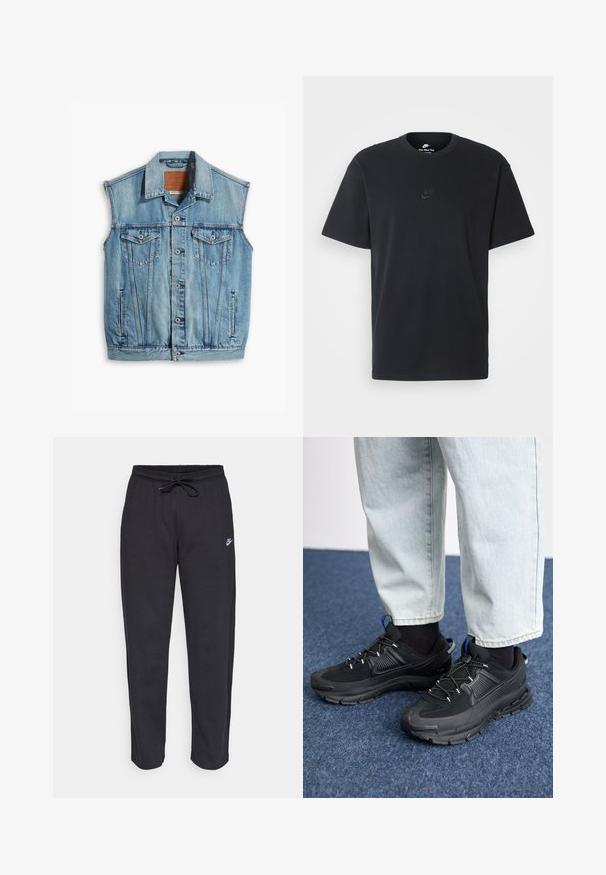 Jeansväst i ljusblått, med krage, ärmlös design, knäppning fram och två framfickor med klaff och knapppynt.; Svart t-shirt i bomull från Nike med klassisk rund halsringning, korta ärmar och en diskret, präglad logotyp på bröstet. Slät textur.; Svarta träningsbyxor i mjukt tyg med elastisk midja, dragsko och en liten Nike-logotyp på vänster lår.; Svarta sportskor med texturerat tyg och gummisulor, med elastiska snörningar och en blå detalj på hälen. Bärs med ljusa jeans.