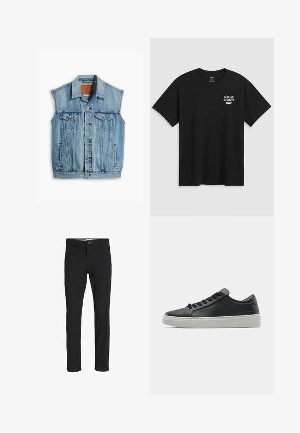 Denim prsluk svijetloplave boje, s ovratnikom, bez rukava, zatvaranjem na gumbe i dva prednja džepa s preklopima i gumbima.; Crna pamučna majica s printom na prsima koji glasi "KUĆNE BILJKE" u bijelom stiliziranom fontu s "Levi's" ispod. Klasični okrugli izrez.; Crne hlače od pamuka sa slim fit krojem, s kopčanjem na dugme, džepovima i zavrnutim rukavima za ležeran izgled.; Crne kožne tenisice s glatkom teksturom, okruglim vrhom i crnim čipkastim vezicama. Imaju debeo bijeli gumeni potplat s suptilnim geometrijskim naglascima.