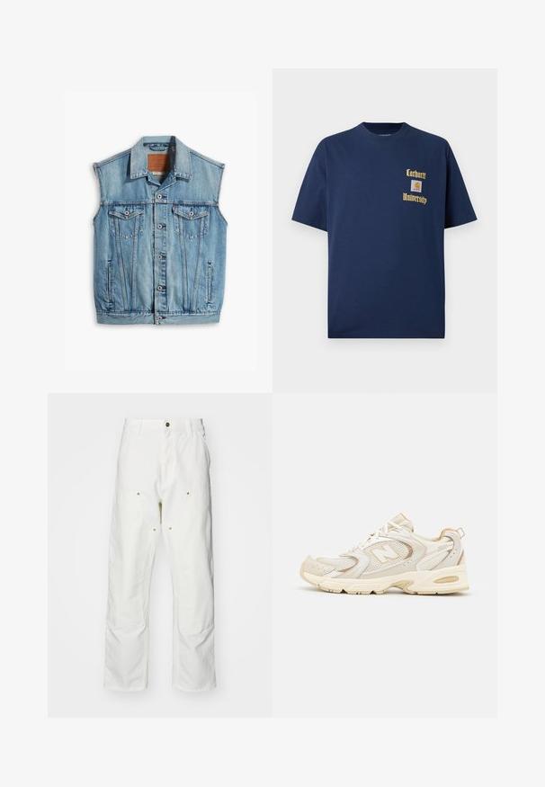 Jeansväst i ljusblått, med krage, ärmlös design, knäppning fram och två framfickor med klaff och knapppynt.; Marinblå bomull t-shirt med korta ärmar, med guldtexten "Carhartt University" och en logopatch på vänster bröst.; Vita bomullscargo Byxor med en avslappnad passform. Funktioner inkluderar framfickor, guld Accentdetaljer och förstärkta knäsektioner.; Beige atletiska skor med nät och syntetiska överlägg, med en texturerad yta, vadderad krage och "ABZORB" dämpning vid hälen.