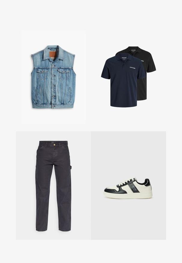 Világoskék farmer mellény, gallérral, ujjtalan kialakítással, gombos záródással és két elülső zsebbel, amelyen fedél és gomb díszítés található.; Két pólóing: az egyik sötétkék, fehér logóval, a másik fekete. Mindkettő klasszikus gallérral és rövid ujjakkal rendelkezik, könnyű anyagból készült.; Sötétszürke cargo nadrág tartós anyagból, egyenes szárú fazonnal, öt zsebbel és gombos derékzárral.; Fekete és krém színű bőrsneaker, perforált díszítésekkel, párnázott bokapánttal és texturált talppal.