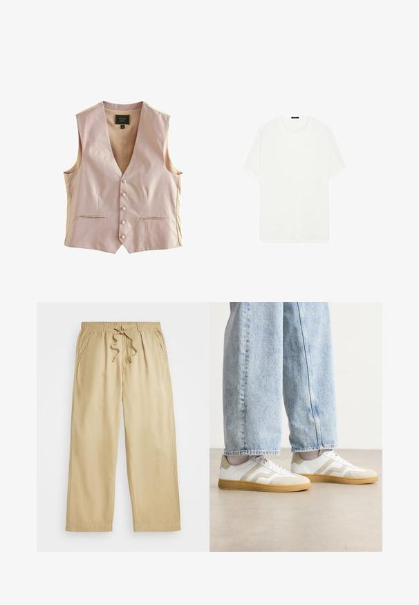 Gilet rosa chiaro con un motivo texturizzato, scollatura a V, cinque bottoni e due tasche frontali. Tessuto liscio con vestibilità elegante.; T-shirt bianco a maniche corte realizzato in tessuto morbido. Presenta un classico collo rotondo e una vestibilità dritta, senza motivi o dettagli visibili.; Pantaloni beige con coulisse in vita, gamba larga, due tasche laterali e dettagli di orlo cucito. Tessuto morbido e leggero.; Sneakers bianchi con dettagli in suede beige e suole in gomma leggera; presentano un design low-top e dettagli testurizzati sulla parte superiore.