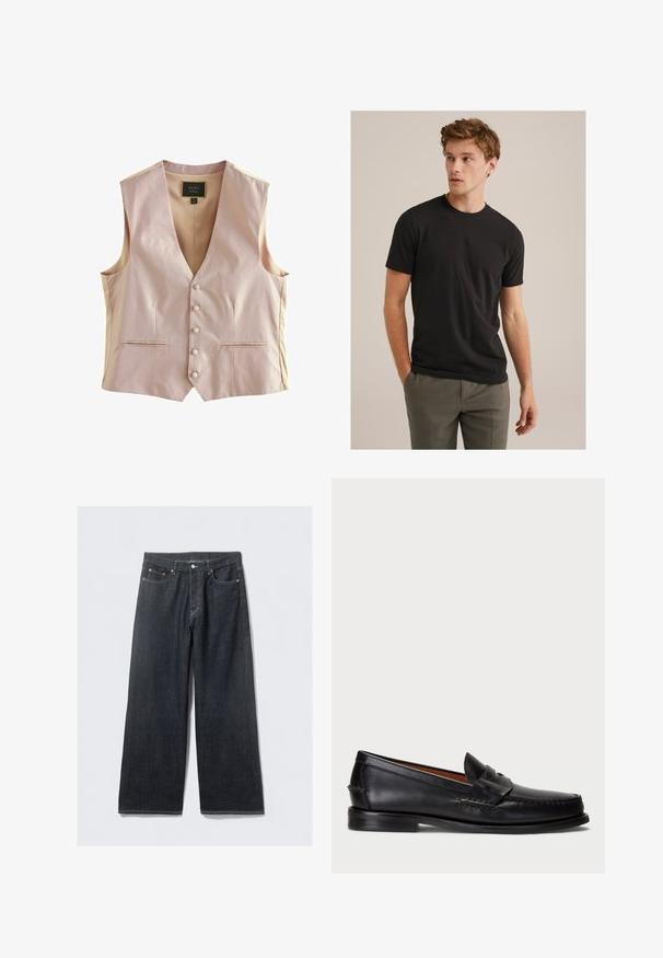 Gaišs rozā veste ar teksturētu rakstu, V veida kakla izgriezumu, pieciem pogām un divām priekšējām kabatām. Gluda auduma ar pielāgotu piegriezumu.; Jauns vīrietis ar viļņainiem gaiši brūniem matiem, tērpies melnās īsām piedurknēm T-kreklā un pelēkās biksēs, skatās pa kreisi ar rokām kabatās.; Tumši džinsu platmalu bikses ar augsto jostasvietu, ar vara tonī krāsu kniedēm un kontrastējošu šuvumu, gluda tekstūra un bez redzamām rakstu apdrukām.; Melnas ādas loafers ar noapaļotu purngalu, šuvju apdari un dekoratīvu joslu priekšā. Plakana zole ar minimālu profilu.