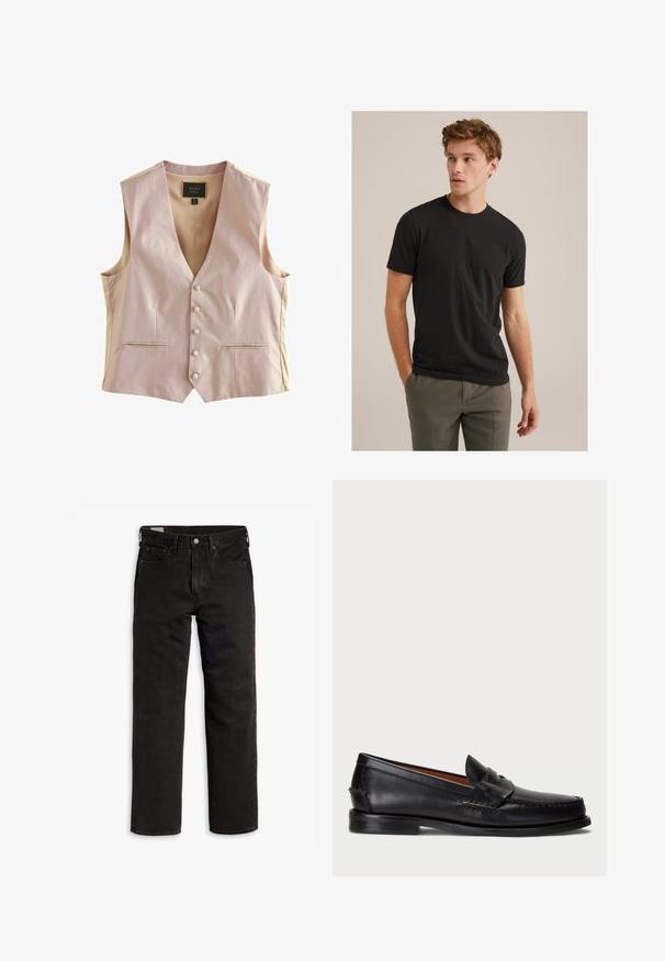 Vesta roz deschis cu un model texturat, gât în V, cinci nasturi și două buzunare frontale. Material neted cu o croială ajustată.; Tânăr cu părul buclat de culoare brunet deschis, purtând un tricou negru cu mânecă scurtă și pantaloni gri, privind spre stânga cu mâinile în buzunare.; Jeans din denim negri cu picior drept, cu cinci buzunare, închidere cu nasture și bucle pentru curea, așezați plat pe un fundal alb.; Mocasini din piele neagră cu vârful rotunjit, detalii cusute și o curea decorativă în partea din față. Talpă plată cu un profil minim.