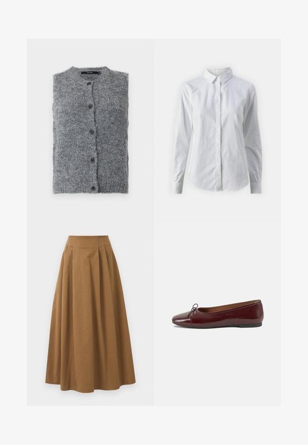 Hallide hall ide vöö, millel on kõrge kaelus, ees nööpideluk, viis musta nööpi ning pehme, tekstuuriga kangas.; Valge nööpidega särk, mis on valmistatud siledast puuvillast. Särgil on klassikaline krae, pikad varrukad ja kaarduv äär. Nöödid on väikesed ja valged.; Pruun puuvillane A-line seelik kõrge vöökohaga, millel on voldid ees ja sile tekstuur. Pika serva viimistlus on puhas ja lihtne.; Burgundi patendnahk kingad balletitüüpi, ümmarguse ninaosa, ees väike paelaaktsent ja madal must kummist tald. Sile tekstuur.