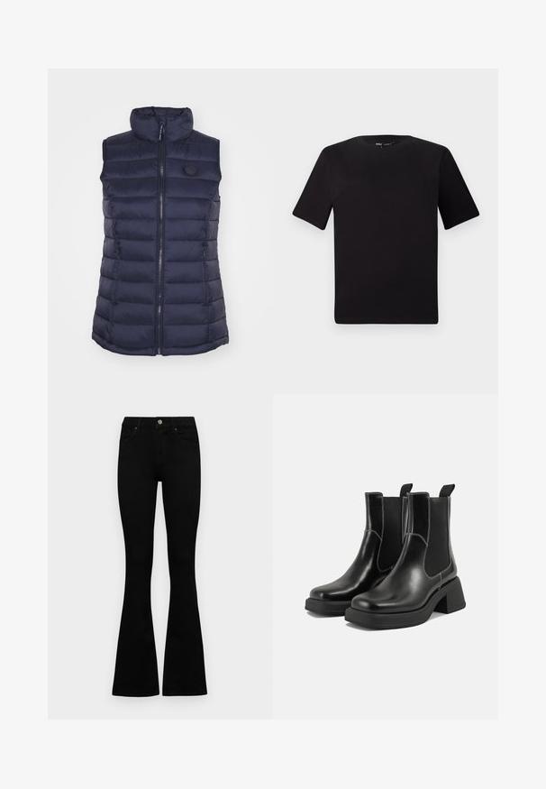 Pepe Jeans AMMY VEST - Colete - dulwich blue; T-shirt preta de mangas curtas com decote redondo, feita de tecido de algodão suave. Design simples, sem logótipos ou padrões visíveis.; Jeans pretos de cintura alta com fecho de botão e zíper, bolsos frontais e pernas largas dispostos em cima de um fundo branco.; Botas Chelsea em couro preto com um salto grosso, painéis laterais elásticos e costura branca em contraste. Acabamento texturizado.