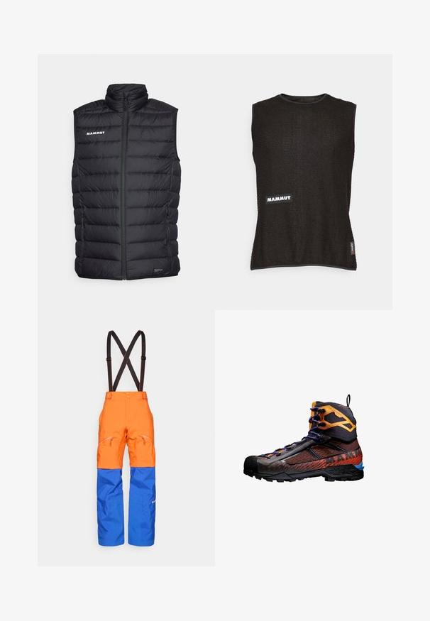 Czarna ocieplana kamizelka z wysokim kołnierzem, pikowanym wzorem, zamkiem błyskawicznym z przodu i bocznymi kieszeniami. Posiada logo "Mammut" w białym kolorze.; Bezrukawnik w kolorze czarnym z teksturowanego materiału, z białym logo "Mammut" oraz małą czerwoną metką z boku, okrągły dekolt.; Pomarańczowe i niebieskie wodoodporne spodnie z czarnymi regulowanymi szelkami, zapinanymi na zamek kieszeniami z przodu oraz wzmocnionymi panelami na kolanach, idealne do aktywności na świeżym powietrzu.; Czarny i pomarańczowy but trekkingowy wykonany z siatki i gumowych materiałów. Posiada niebieskie akcenty, teksturowane wzory oraz wysoką cholewkę dla wsparcia.