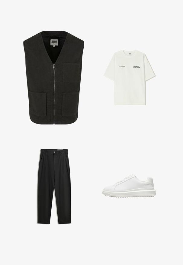 Schwarze ärmellose Weste aus Bio-Baumwolle mit V-Ausschnitt, vorderem Reißverschluss und zwei Seitentaschen. Minimalistisches Design.; Weißes Baumwoll-T-Shirt mit kurzen Ärmeln. Auf der Vorderseite befindet sich schwarzer Text: „NICHT MORGEN NICHT HEUTE“ und „DIE KUNST DES DIRT MOVING“ in grüner Schrift.; Schwarze Baumwollhose mit lockerem Schnitt, ausgestattet mit einem klassischen Bund, vorderen Falten und Seiten taschen. Glatte Textur ohne Muster.; Weißer Sneaker mit einem glatten synthetischen Obermaterial, runder Spitze, flachen Schnürsenkeln, strukturiertem Sohlen und einem geschichteten, Plattform-Design für zusätzlichen Halt.