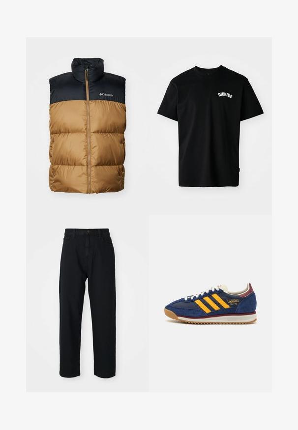 Columbia PUFFECT VEST - Brezrokavnik - delta/black; Črna bombažna majica s kratkimi rokavi in krožnim ovratnikom. Ima belo ukrivljeno pentljo "DICKIES" na prsih. Preprost dizajn, brez vzorcev.; Črne jeans hlače s ravnim krojem. Imajo klasičen pet-pocket dizajn, zapiranje na gumb in subtilno teksturo tkanine.; Mornarsko modre suede teniske z rumenimi črtami, belimi vezalkami in burgundskimi poudarki. Teksturna podplat z utori za oprijem. Logotip blagovne znamke na strani.