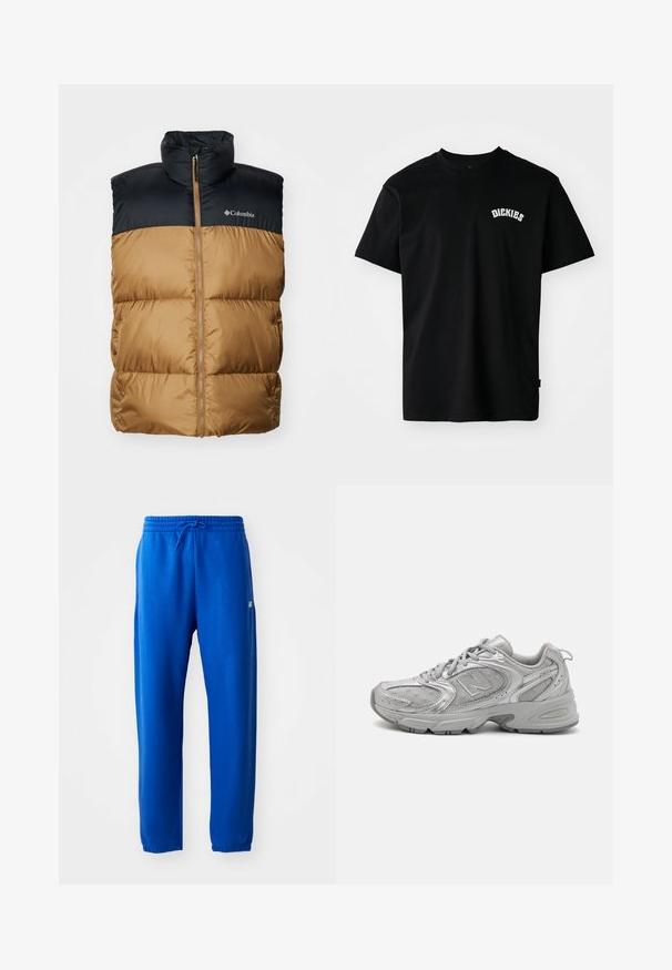 Columbia PUFFECT VEST - Veste - delta/black; Melnas kokvilnas T-krekls ar īsām piedurknēm un apaļu kakla izgriezumu. Uz krūts ir balts izliektā formas logo "DICKIES". Vienkāršs dizains, bez rakstiem.; Zilas sporta bikses, kas izgatavotas no mīkstas auduma, ar elastīgu jostasvietu un aukliņu, sašaurinātām kājām un nelielu logotipa detaļu sānos.; Sudraba sporta apavi ar elegantu dizainu, acs paneļiem, mīkstu valvi, teksturētu sintētisku virsu un gumijas zoli labākai saķerei.