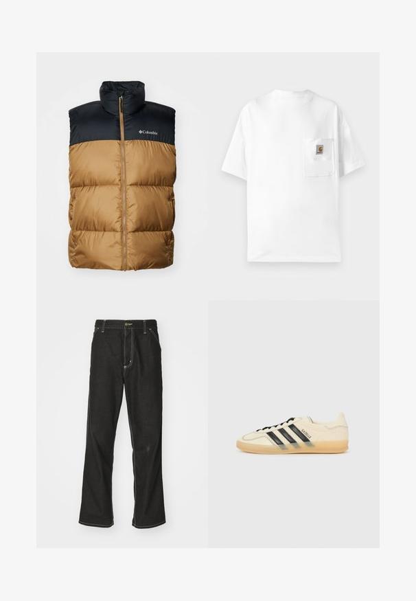 Columbia PUFFECT VEST - Smanicato - delta/black; T-shirt bianca in cotone con collo rotondo, maniche corte e taschino sul petto con una patch del logo. Design minimalista e texture senza cuciture.; Jeans in denim nero con una vestibilità ampia, caratterizzati da cuciture bianche a contrasto, chiusura a bottone e un design a gamba dritta.; Sneaker di colore crema chiaro con design a tre strisce nere, tomaia testurizzata, punta rotonda e suola in gomma. Presenta lacci e branding sul lato.