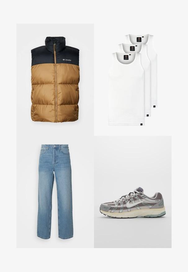 Columbia PUFFECT VEST - Vest - delta/black; Kolm valget ribaga t-särki, mis on valmistatud puuvillast. Omavad ümmargust kaelanõhku ja väikseid musti silte hemme lähedal. Saadaval erinevates suurustes.; Kõrgeltistetud helesinised teksad sirgete jalgadega, ees nööbiga kinnitamine ja viie-tasku stiil pluusil taustal.; Hallus hallitus jalanõud, millel on võrgust ja sametist ülemine osa, valged rõhutused, pehme tald ning eristuv disain peegelduvate elementidega.