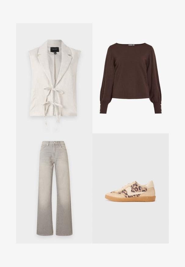 Ærmeløs cremesfarvet vest med struktureret finish, der har en klippede krave og frontlukning med bånd. Lavet af letvægtsmateriale.; Brun strikket sweater med bådudskæring, lange pufærmer og knapdetaljer ved ærmekanterne. Har en afslappet pasform og en glat tekstur.; Grå vide ben jeans med en falmet finish, knaplukning, fem-lomme design og syede detaljer langs sømmene.; Leopardprint sneakers med beige ruskindsoverdel, tan gummisål og hvide detaljer. Rund pegefinger og snørebåndsdesign med en tekstureret finish.