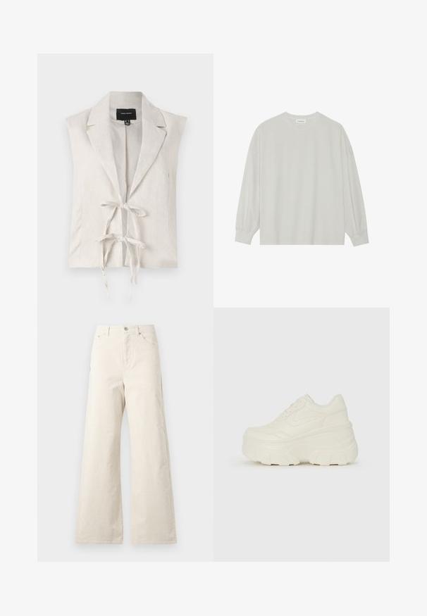 Hihaton kerma väri liivi, jossa on teksturoitu pinta, notched-kaulus ja etuliitospäällinen. Valmistettu kevyestä materiaalista.; Harmaa pitkähihais t-paita, joka on valmistettu pehmeästä puuvillasta. Ominaisuuksiin kuuluvat rento istuvuus, pyöreä kaula-aukko ja hienosti rypytetyt hihansuut. Ei kuvioita tai grafiikkaa.; Valkoiset leveälahkeiset housut, jotka on valmistettu puuvillasta, etupainonappikiinnityksellä, sivutaskuilla ja sileällä pinnalla. Minimalistinen muotoilu ilman kuvioita.; Valkoiset tasapohjakengät, joissa on sileä nahkamainen päällinen, pyöristetty muoto, pehmustettu nilkkaosa ja texturoitu kumipohja, jossa on hyvin määritellyt urat.