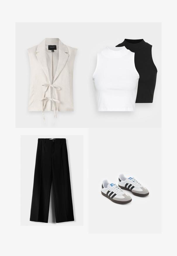 Bela brezrokavna majica z teksturirano površino, z izrezanim ovratnikom in sprednjim zavezovanjem. Narejena iz lahkega materiala.; Dva brezrokavniki z rebrasto turtleneck gorami v črni in beli barvi, z oblikovanim dizajnom in gladko teksturo, v skrajšani dolžini.; Črne široke hlače iz lahkega materiala, z zapiranjem na gumb spredaj in ravnim sprednjim delom, s skrbno zašiti robovi.; Športni čevlji z belim usnjenim zgornjim delom, sivim semišem na prstih in tremi črnimi črtami. Imajo modro logo na jeziku in teksturiran gumijast podplat.