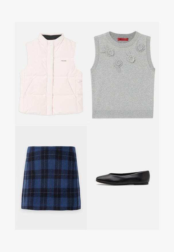 Light pink padded vest with high collar, front opening, and two side pockets. Features black interior lining and small logo on the front.; Light grey sleeveless sweater with a ribbed neckline and hem. Features three textured floral appliqués on the front. Brand label: MAX&Co.; Plaid mini skirt in dark blue and navy, made of soft fabric with a slightly textured finish. Features a straight cut and clean lines.; Paul Smith TOPANGA - Ballet pumps - black